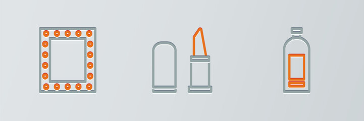 Set line Bottle of shampoo, Makeup mirror with lights and Lipstick icon. Vector