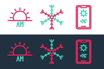Set line Weather forecast, Sunrise and Snowflake icon. Vector