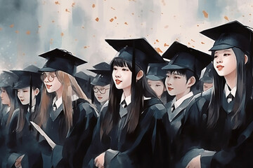 Obraz premium Watercolor illustration of a group of students in graduation gowns. Generative AI