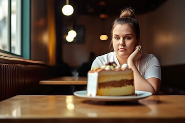 Junge, übergewichtige Frau sitzt vor einem Stück Kuchen - Generative AI - obrazy, fototapety, plakaty