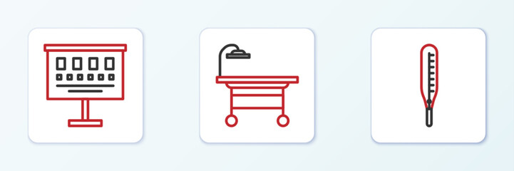 Set line Medical thermometer, Eye test chart and Operating table icon. Vector