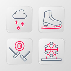 Set line Ferris wheel, Curling sport game, Skates and Cloud with snow icon. Vector