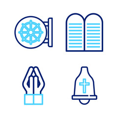 Set line Church bell, Hands in praying position, The commandments and Dharma wheel icon. Vector