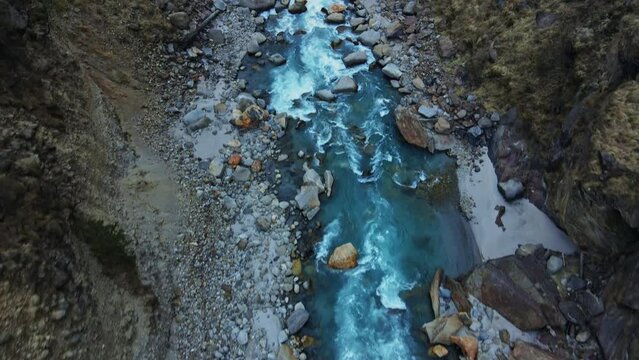 Aerial view of Ganga river valley Harsil, Uttarakhand, India. Beautiful town situated amidst mountains at the foothills of the Himalayas. Drone shot of valley near holy place Gangotri Beauty of Hills 