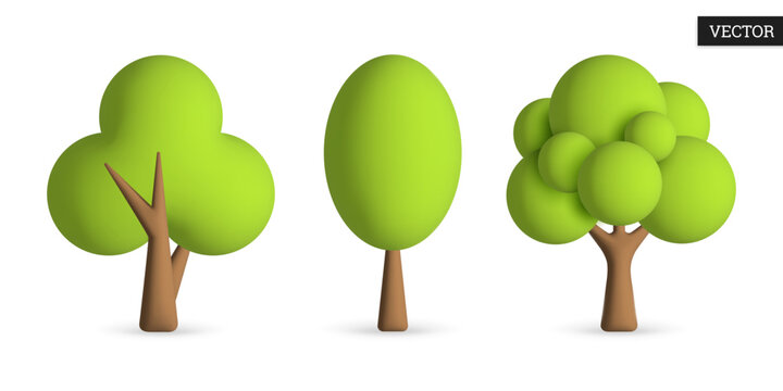 Set of trees 3d vector icons. Collection of green trees on white background. Design elements. Vector illustration in cartoon style.