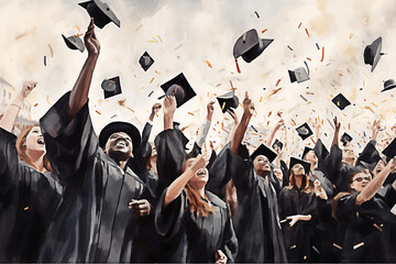 Image of graduation students throwing caps in the air. Mixed media. Generative AI