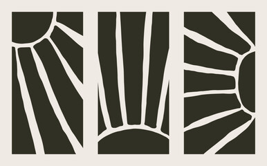 Set of abstract vector illustrations depicting the sun. Minimalist trendy design. Hand-drawn elements for decoration.