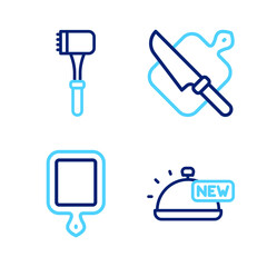 Set line Covered with tray of food, Cutting board, and knife and Kitchen hammer icon. Vector