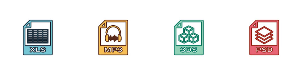 Set XLS file document, MP3, 3DS and PSD icon. Vector