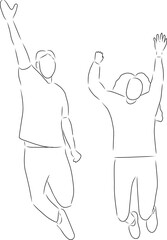 Happy man and woman jumping, vector. Hand drawn sketch. A man and a woman are jumping for joy.