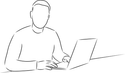 Man with laptop, vector. Hand drawn sketch. A man is sitting at a table with a laptop and typing text on the keyboard.
