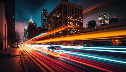Fototapeta na wymiar abstract trffic light of car go into the modern city. Generative AI