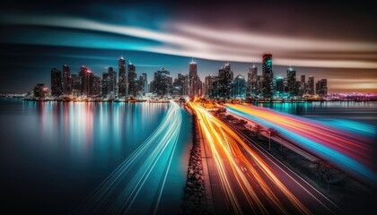 Fototapeta na wymiar abstract trffic light of car go into the modern city. Generative AI