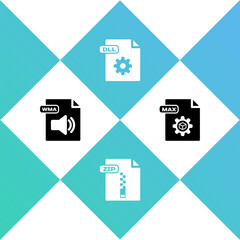 Set WMA file document, ZIP, DLL and MAX icon. Vector