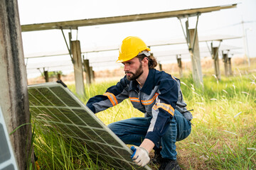 Engineer hand is installing and checking an operation of sun and cleanliness of photovoltaic solar panels, Engineer with energy measurement tool photovoltaic modules for renewable energy