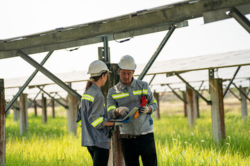 Engineer hand is installing and checking an operation of sun and cleanliness of photovoltaic solar...