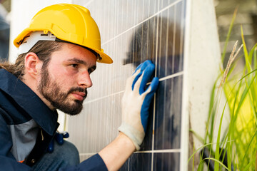 Engineer hand is installing and checking an operation of sun and cleanliness of photovoltaic solar...