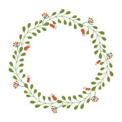 Herbal  round frame or wreath decorated with green branches and red flowers.  Summer floral design. Great for greeting card, posters, blog decorating. Hand drawn vector illustration isolated on white.
