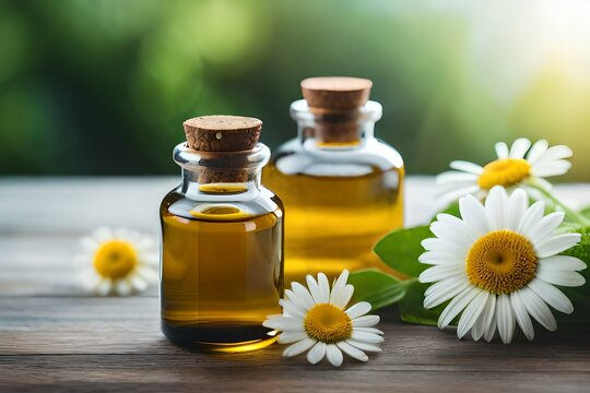 Essential oil in glass bottle with fresh chamomile flowers. Generative AI