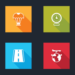 Set Box flying on parachute, Clock, Airport runway and Globe with plane icon. Vector