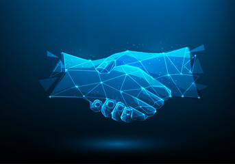 business agreement handshake poly line and point on blue dark blue background. Hands link internet connection. Business success concept. Vector illustration in flat design.
