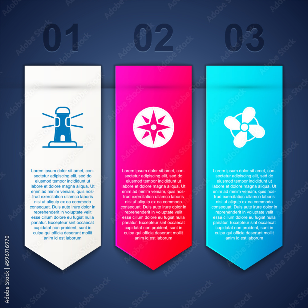 Poster Set Lighthouse, Wind rose and Boat propeller. Business infographic template. Vector