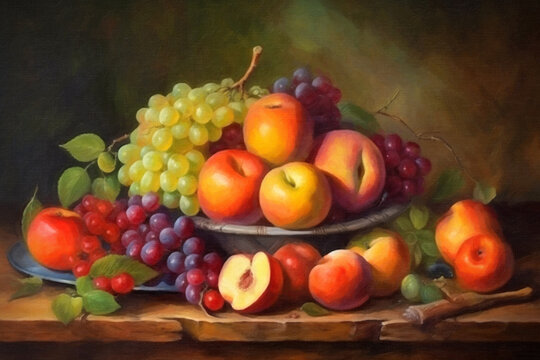 Fruit still life with apples and grapes, digital oil painting. Beautiful artistic image for poster, wallpaper, art print. Generative AI.