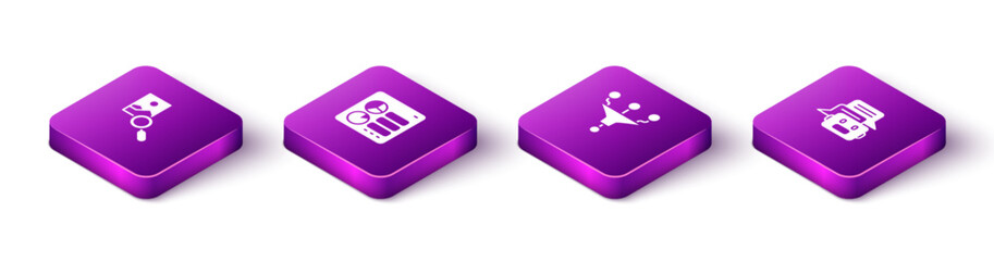 Set Isometric Photo retouching, Computer api interface, Funnel or filter and Chat bot icon. Vector