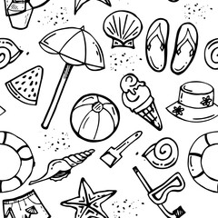 Children summer beach. Seamless pattern. Holidays family vacation on beach. Sea or lake. For children to relax and have fun. Outline hand drawn sketch. Isolated on white background. Vector.