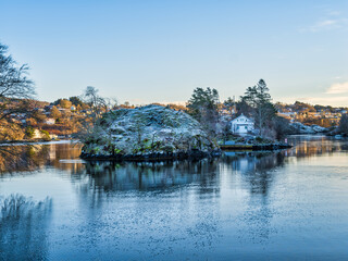 Fototapeta na wymiar Houses on small rocky islands in Alver, Alversund, Bergen, Norway