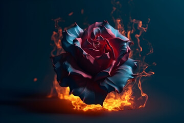 Burning red rose in fire on a blue background. Generative AI.