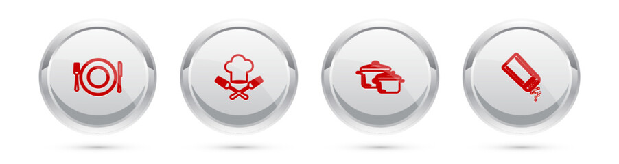 Set line Plate, fork and knife, Chef hat, Cooking pot and Salt pepper. Silver circle button. Vector