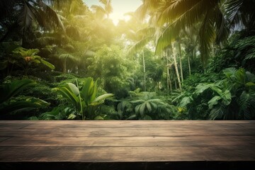 An Empty Table in a Tropical Jungle Forest: Countertop Overlooking Nature's Treasures. Generative AI
