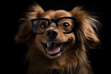 Cheerful Dog with Glasses: Cute Pet Having Fun at Vet's for Humorous Portrait with Isolated Black Background: Generative AI