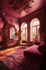 Epic Luxury: Stunning Pink Living Room with Elegant Artistic Details, Sophisticated Decor, and Golden Light Surrealism, Generative AI