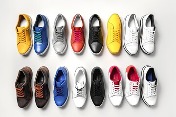 Fashion-Forward Footwear: A Collection of Coloured Shoes on a White Background. Generative AI