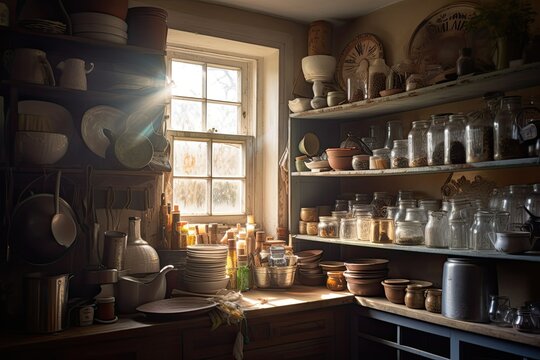 Charming Vintage Country Kitchen: Stacks of Plates and Jars Illuminated By Soft Morning Sunlight in an Old Farmhouse, Generative AI