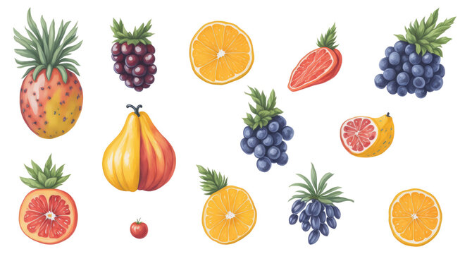 The painting depicts a vibrant arrangement of fruits, painted in watercolor. Generative AI,. AI.
