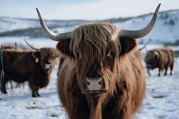 Majestic Highland Bull Roaming Snowy Field on Farm: Nature's Splendor: Generative AI