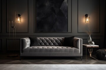Relaxing Home Vibes: Interior Design of a Modern Living Room with a Sofa and Furniture Against a Black Wall: Generative AI