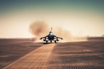 Modern Fighter Jet Blasting Off in Desert Military Base - Blazing Fire & Smoke Igniting the Flight Ahead. Generative AI