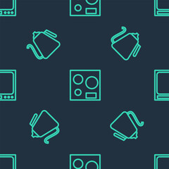 Set line Electric stove, Kettle with handle and Electronic scales on seamless pattern. Vector