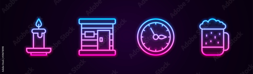 Sticker set line aroma candle, sauna wooden bathhouse, clock and wooden beer mug. glowing neon icon. vector