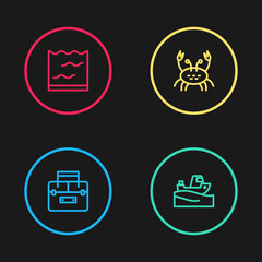 Set line Case container for wobbler, Fishing boat water, Crab and Aquarium icon. Vector