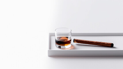 Glass of whiskey and Cuban cigar on a white background with copy space. minimalist style. generative ai.