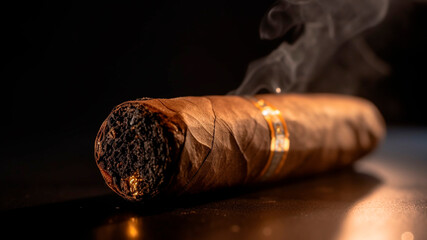 A Close-up of Cuban cigar with smoke on a black background.