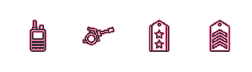 Set line Walkie talkie, Military rank, Howitzer and Chevron icon. Vector