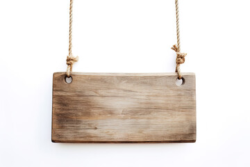 Fototapeta premium Wooden sign plain hanging from rope isolated on white background. Created with Generative AI Technology