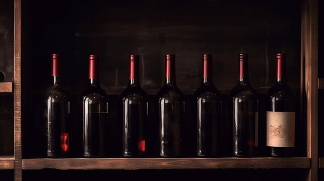 Bottles of red wine on a wooden shelf. banner background for winery, bar or shop. Generative ai.

