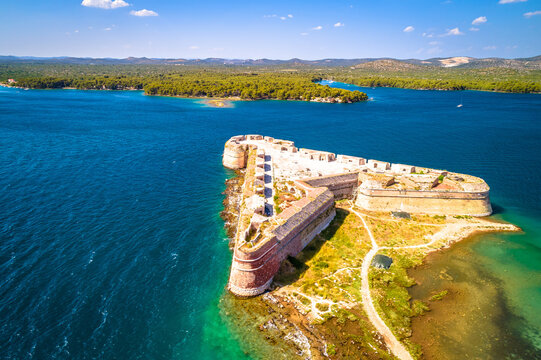 Saint Nikola fortress and Sibenik bay entrance aerial view